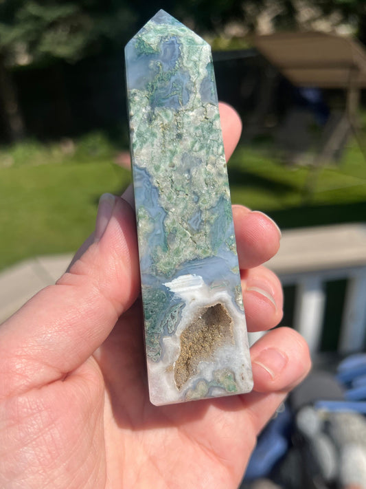 Gorgeous Druzy Moss Agate Tower