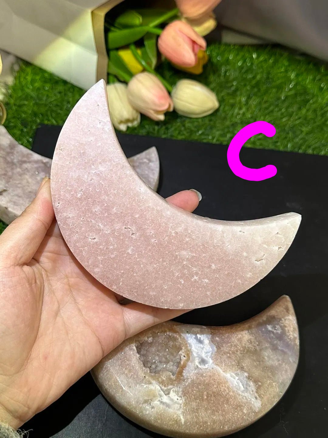 Beautiful Pink Amethyst Moon with stand