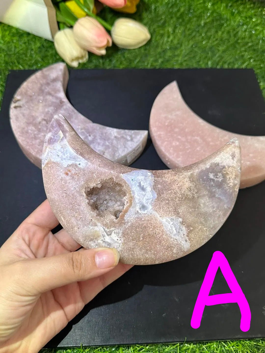 Beautiful Pink Amethyst Moon with stand