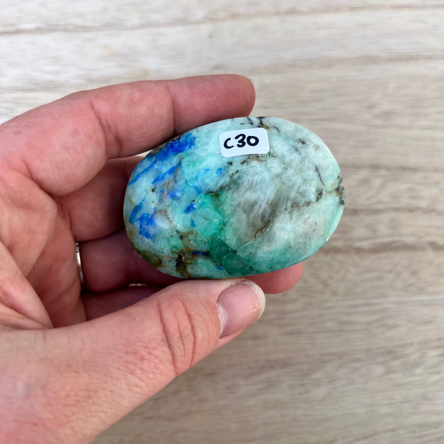 Chrysocolla in Quartz Palm Stone C